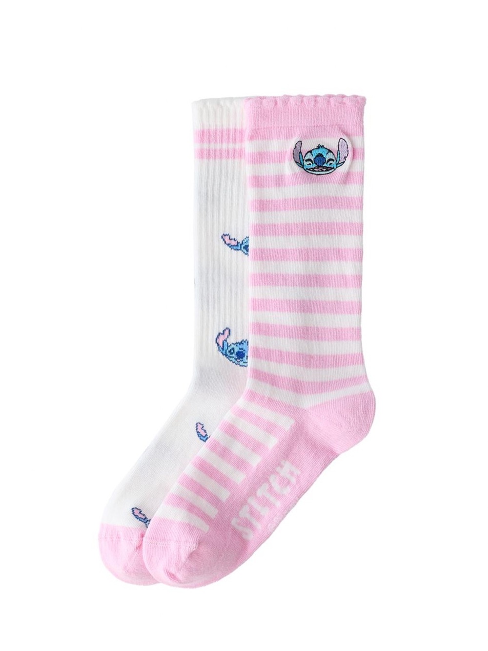 Zara Stitch Pink & White Striped Crew Socks with Blue Character Motif